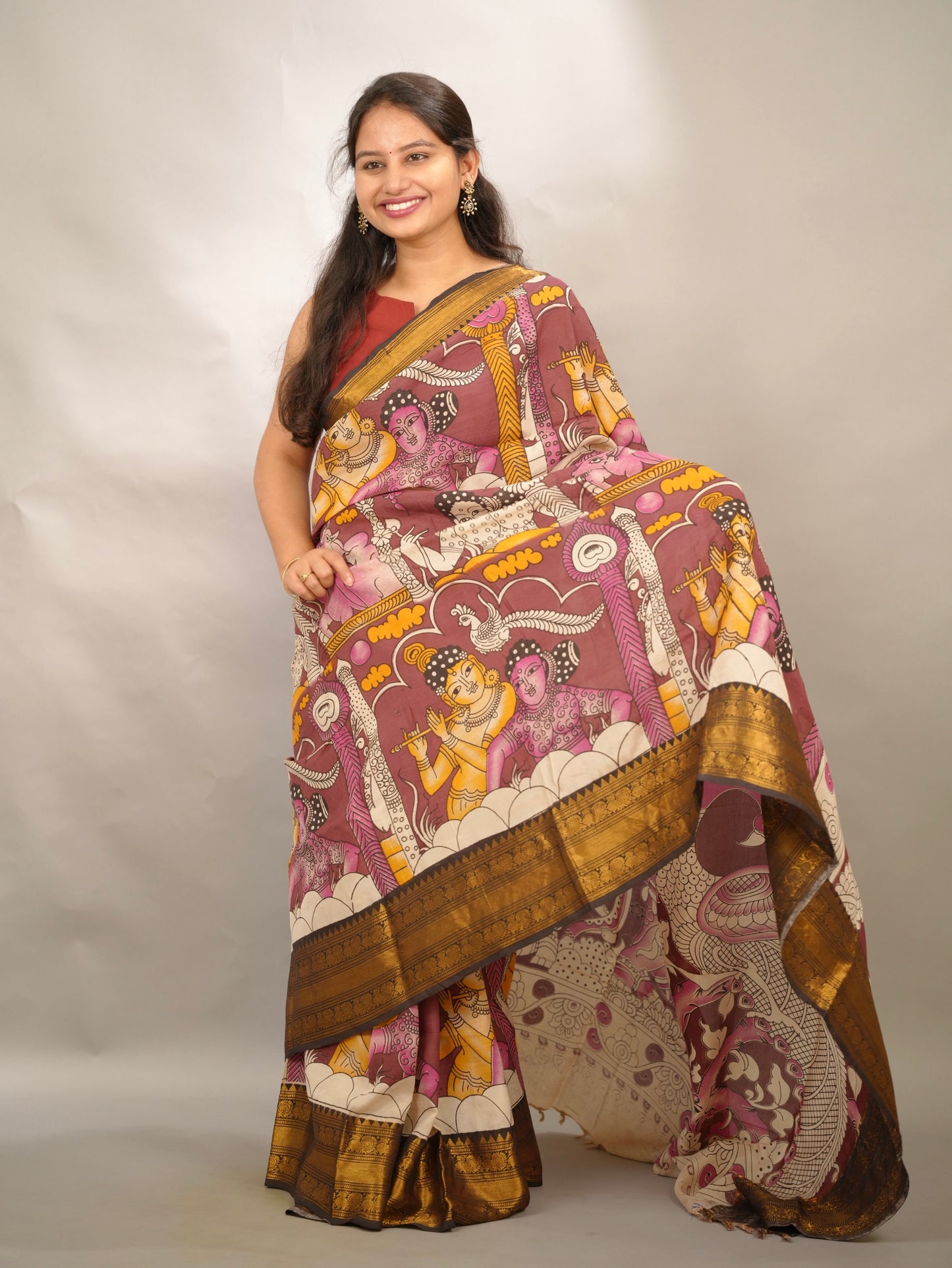 Dusty Maroon Kanchi border Kalamkari Chennur Silk Saree | Looms & Tassels