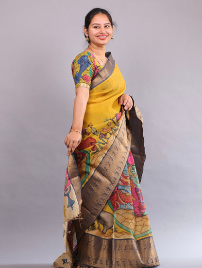 Yellow Hand Painted Pen Kalamkari Silk Saree