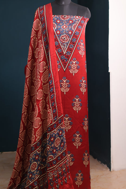 Red Handblock printed Ajrakh modal silk 2 piece suit set