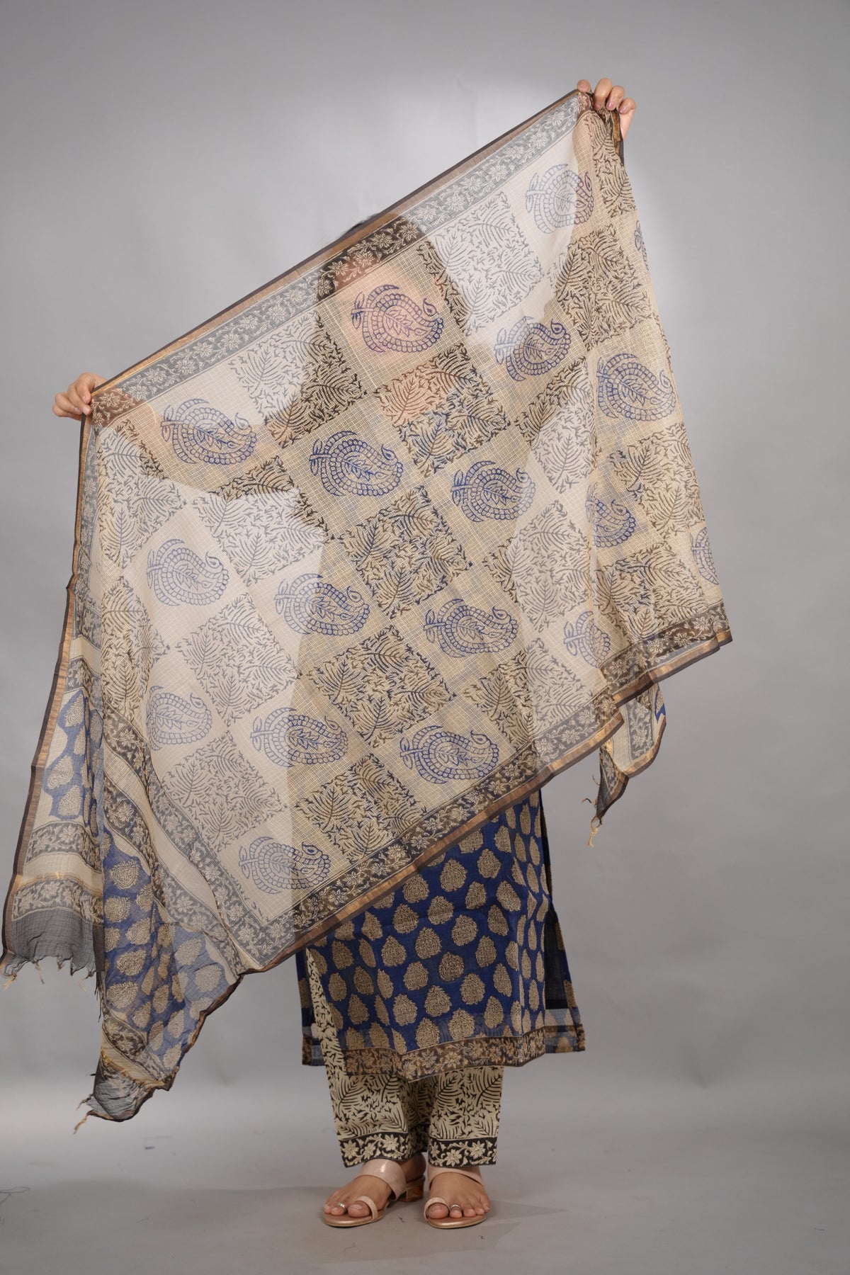 Blue Handblock printed kota 3 piece suit (stitched) | Looms & Tassels