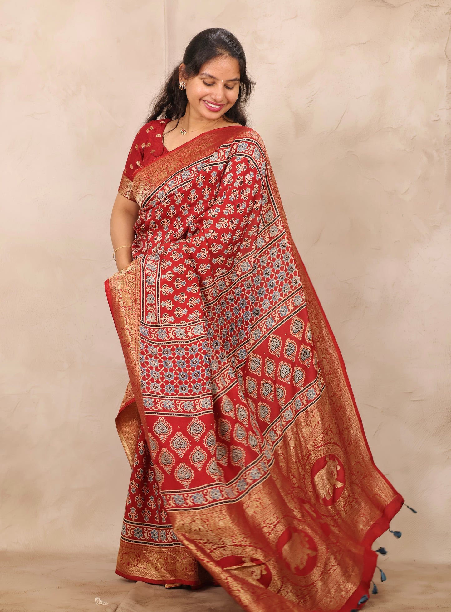 Red Ajrakh Handblock printed Dola Silk Saree | Looms & Tassels