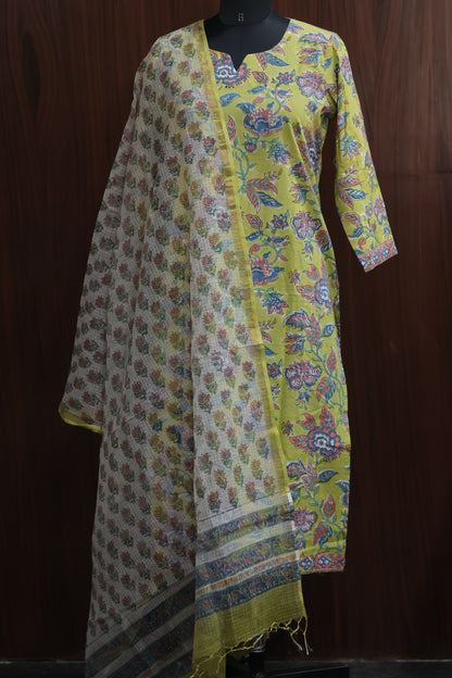 Pista Handblock printed Pure Mul Cotton with Kota Doria Duppata 3 piece suit (stitched)