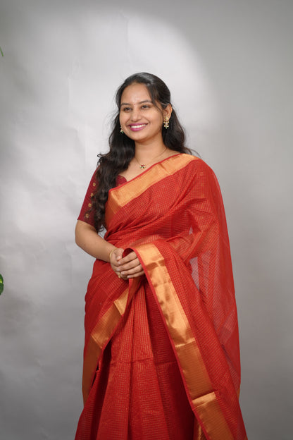 Red Checks Handloom Maheswari Silk Cotton Sarees | Looms & Tassels