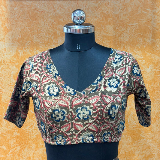 V neck Stretchable Hand block printed kalamkari blouse