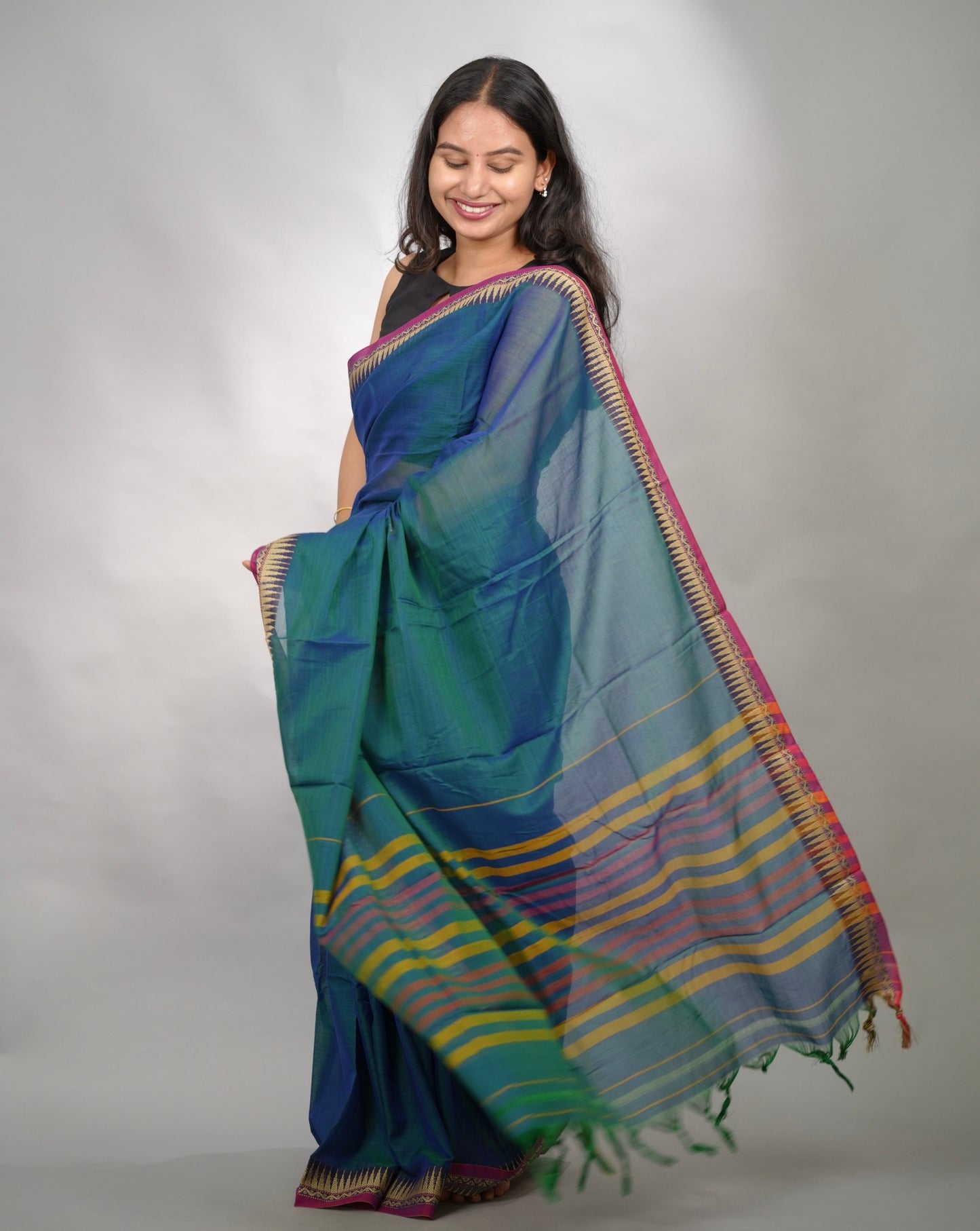 Peacock Blue Narayanpet Cotton Saree With Temple Border | Looms & Tassels