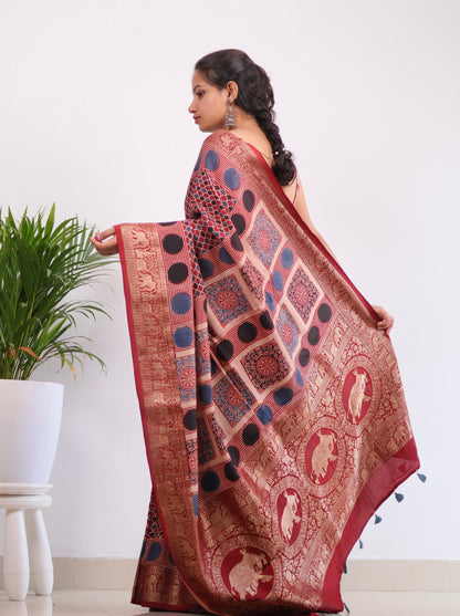 Ajrakh Dola Silk Saree