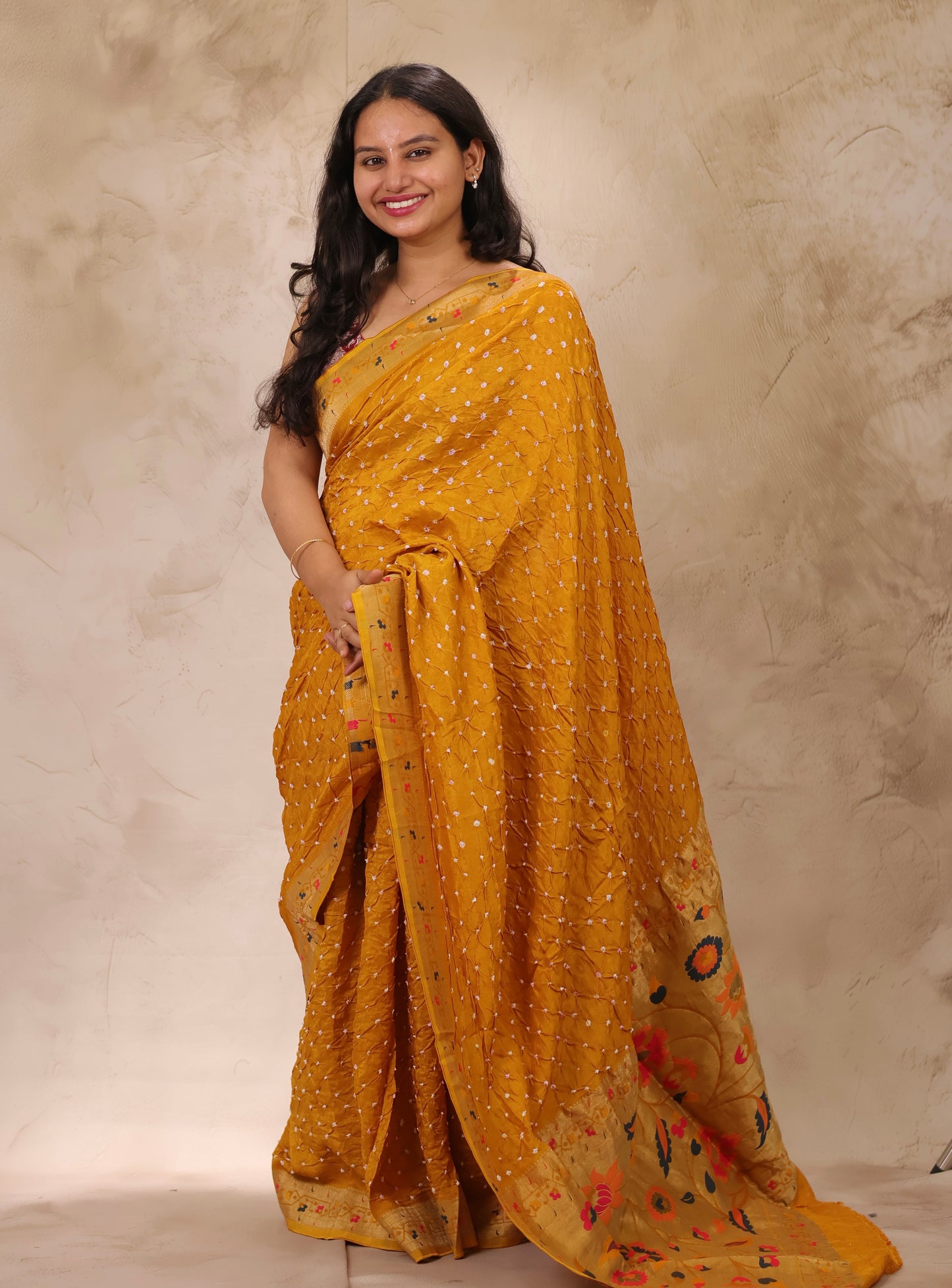 Mustard Handcrafted Bandhani Paithani Dola Silk Saree | Looms & Tassels
