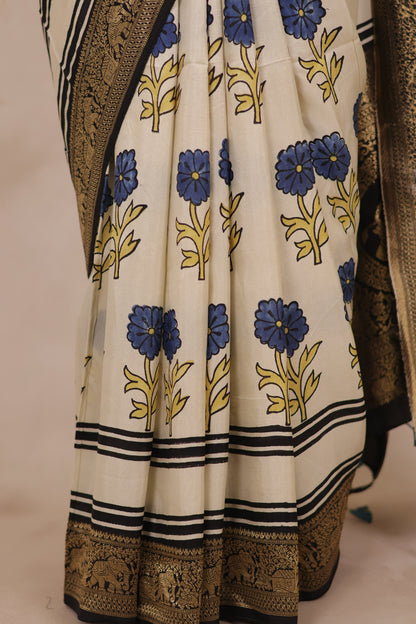 Off White Floral Ajrakh Handblock printed Dola Silk Saree | Looms & Tassels