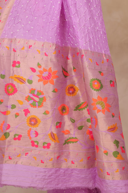 Orchid Pink Handcrafted Bandhani Paithani Dola Silk Saree | Looms & Tassels