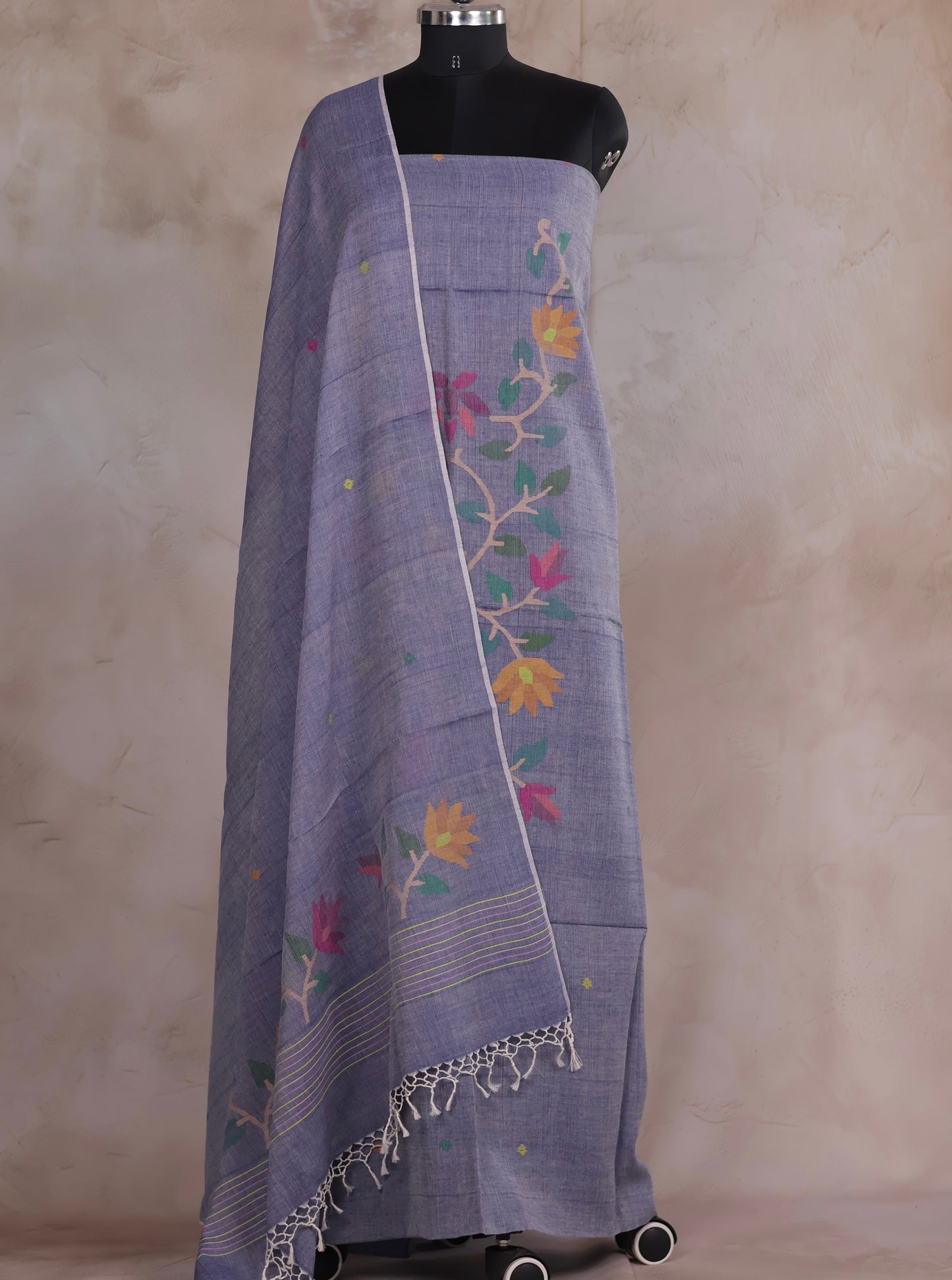 Grey Handwoven Jamdhani weaving pure Malai cotton 2 piece suit sets | Looms & Tassels