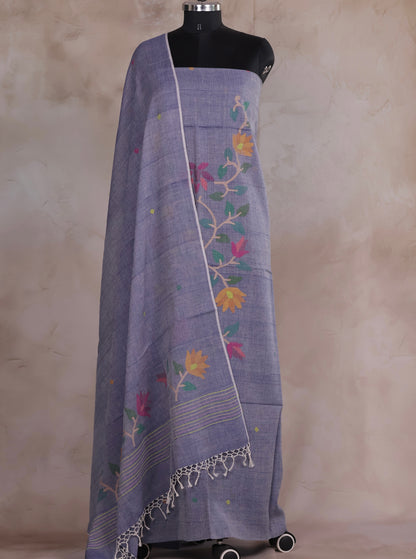 Grey Handwoven Jamdhani weaving pure Malai cotton 2 piece suit sets | Looms & Tassels