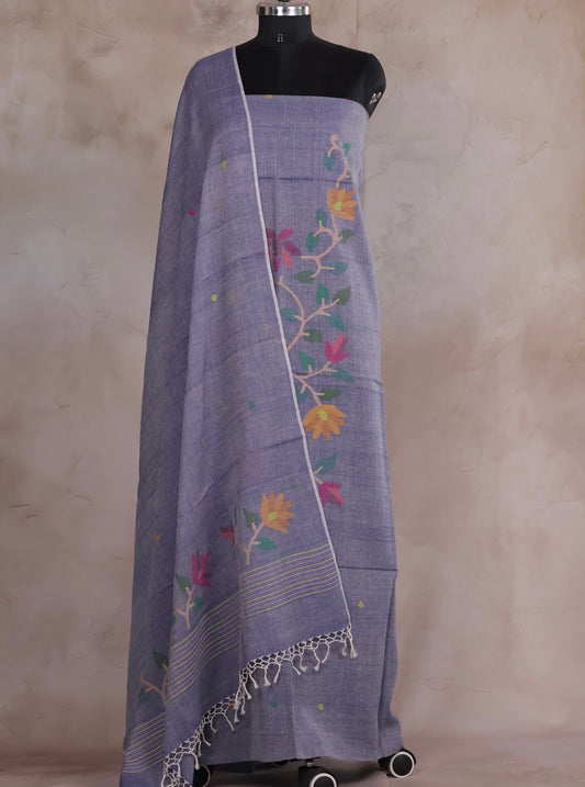 Grey Handwoven Jamdhani weaving pure Malai cotton 2 piece suit sets | Looms & Tassels