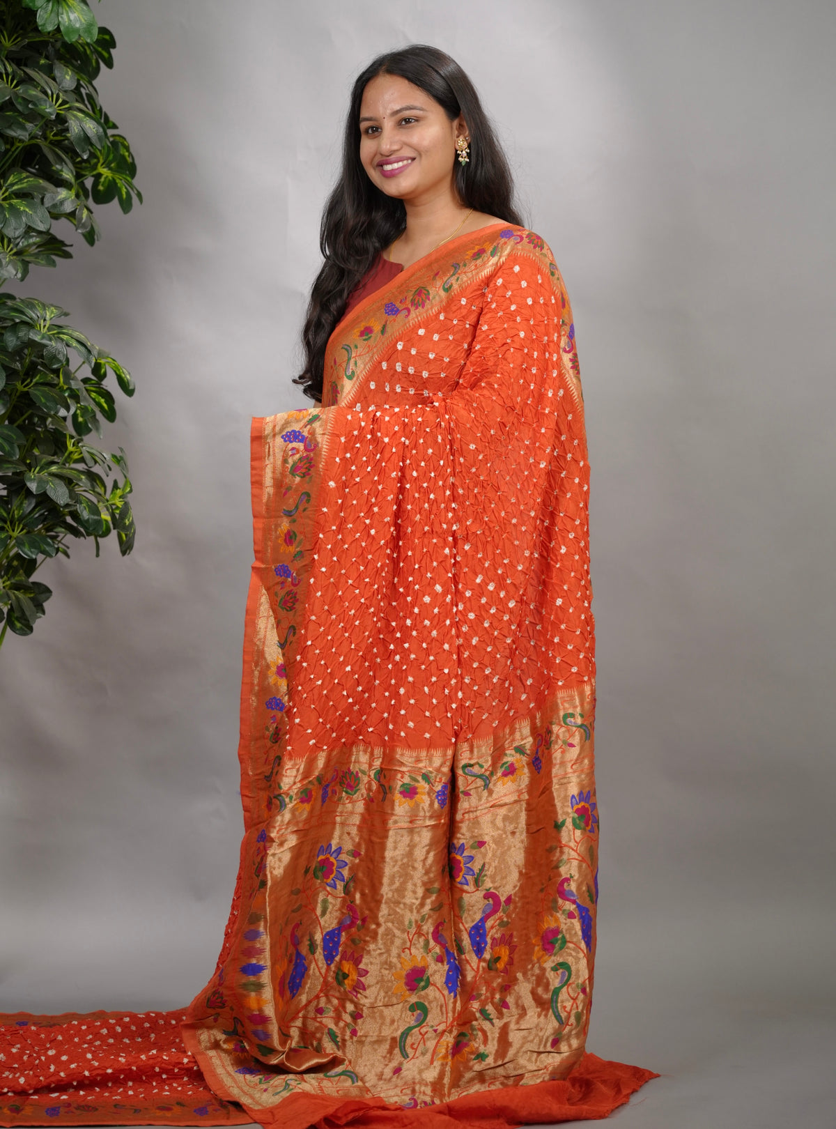 Orange Handcrafted Bandhani Paithani Dola Silk Saree | Looms & Tassels