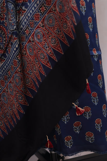 Indigo Floral Ajrakh Handblock Printed Modal Silk 2 Piece Suit Set | Looms & Tassels