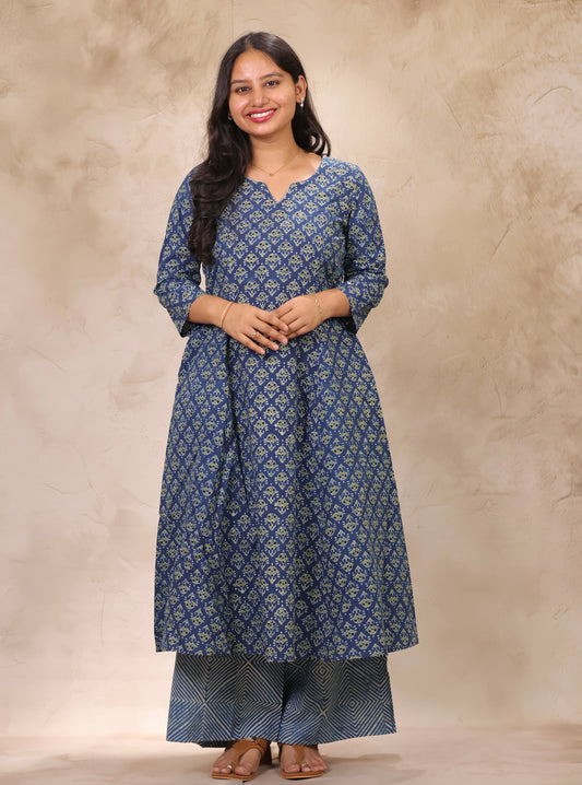 Indigo Ajrakh Handblock Printed Kali Kurti Co-ord Set (Pure Cotton ) | Looms & Tassels
