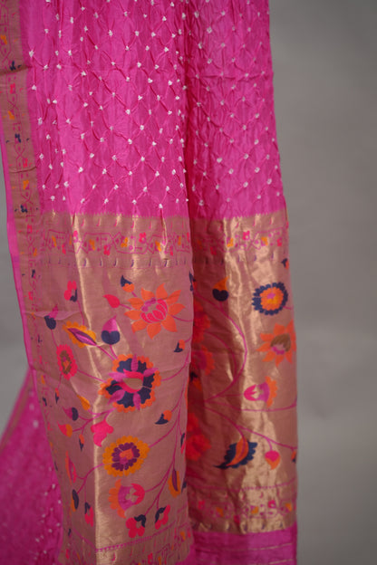 Pink Handcrafted Bandhani Paithani Dola Silk Saree | Looms & Tassels
