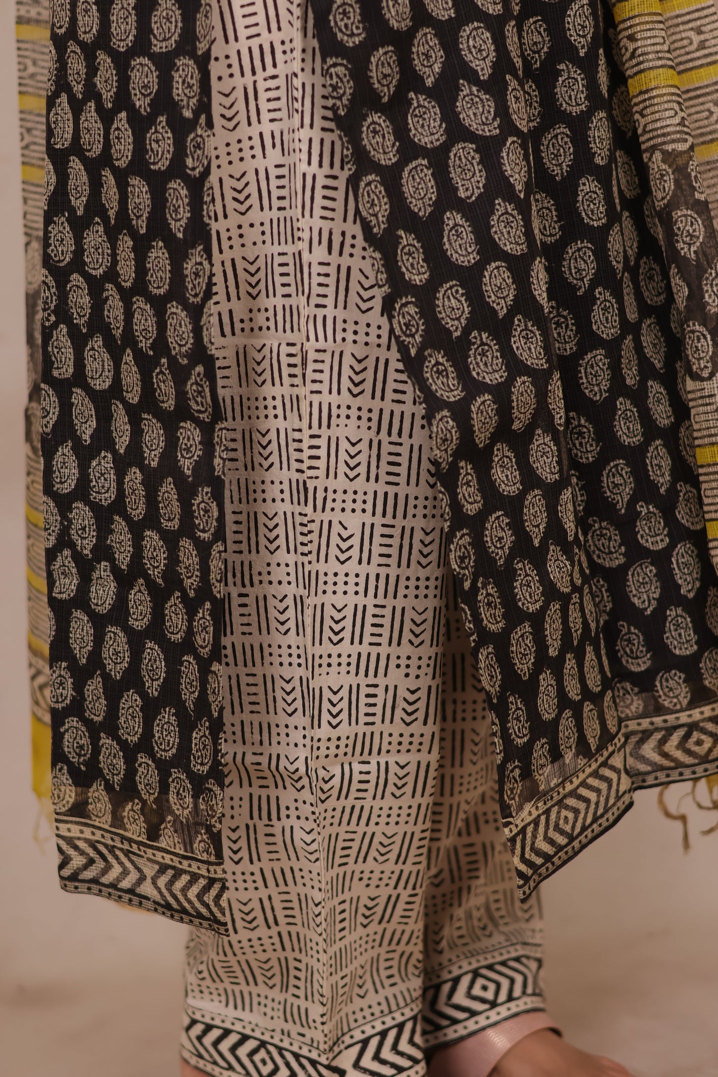 Black Handblock printed kota 3 piece suit (stitched)