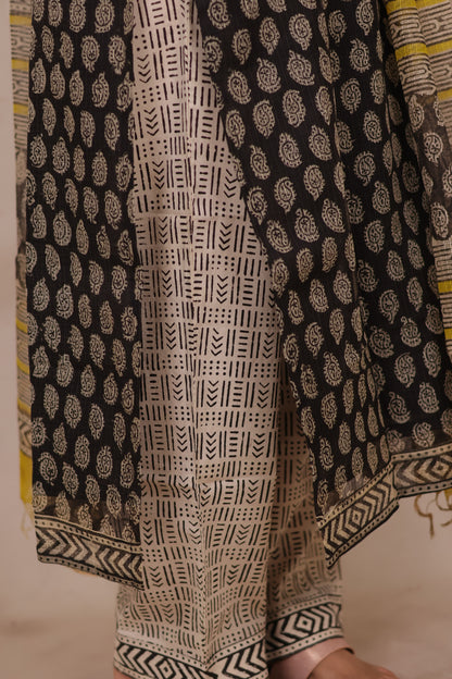 Black Handblock printed kota 3 piece suit (stitched)