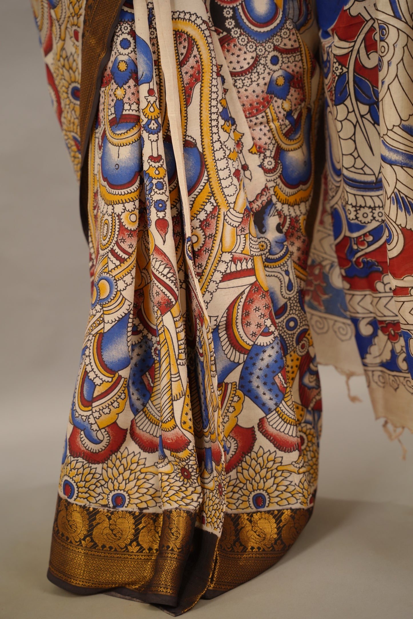 Cream Kanchi border Kalamkari Chennur Silk Saree | Looms & Tassels