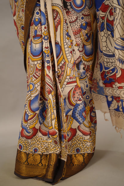 Cream Kanchi border Kalamkari Chennur Silk Saree | Looms & Tassels