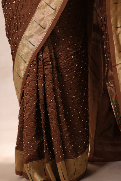 Brown Handcrafted Bandhani Paithani Dola Silk Saree | Looms & Tassels