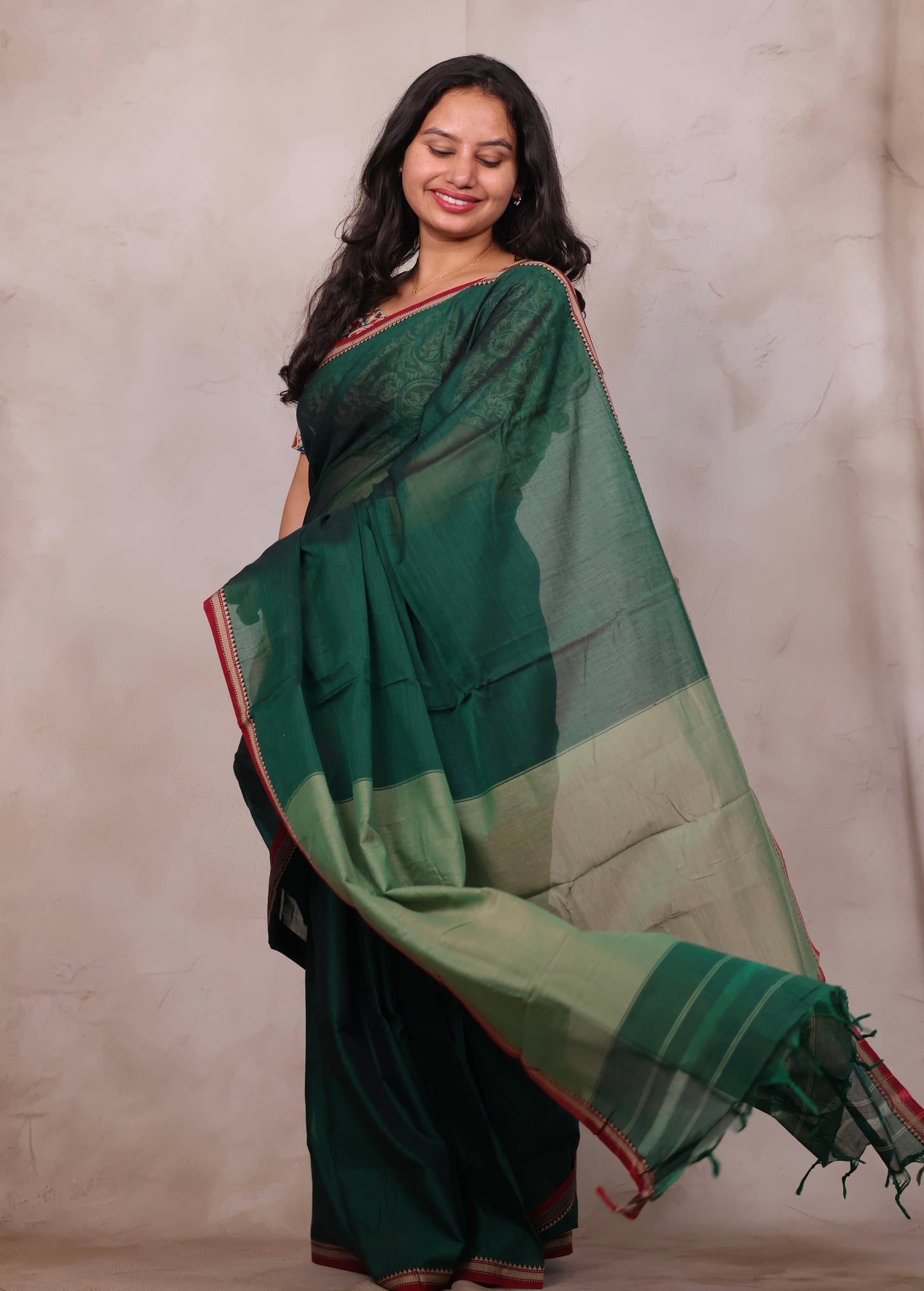 Bottle Green Narayanpet Cotton Saree | Looms & Tassels