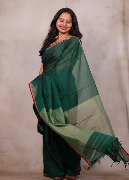 Bottle Green Narayanpet Cotton Saree | Looms & Tassels