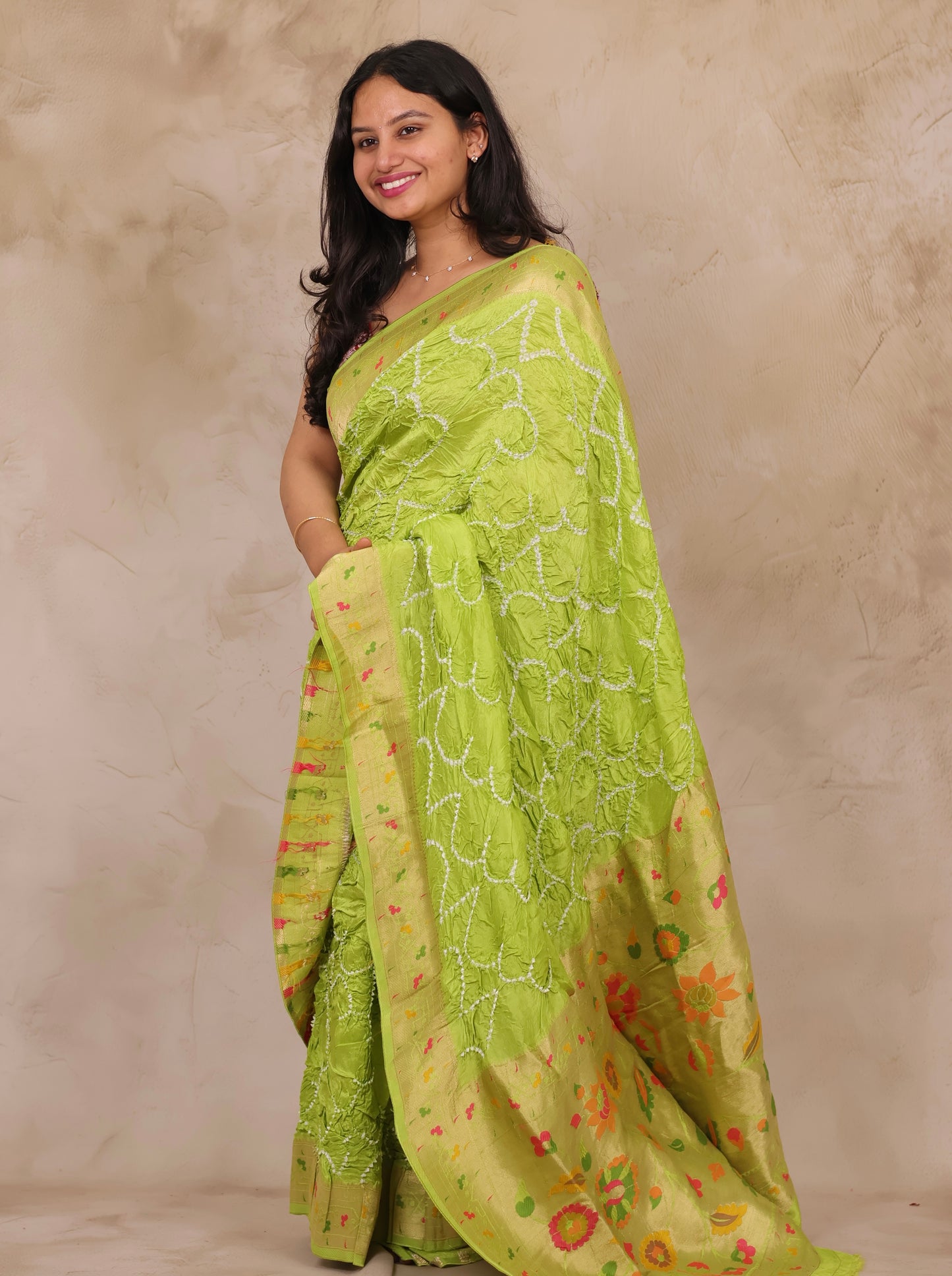 Pista Green Handcrafted Pattern Bandhani Paithani Dola Silk Saree | Looms & Tassels