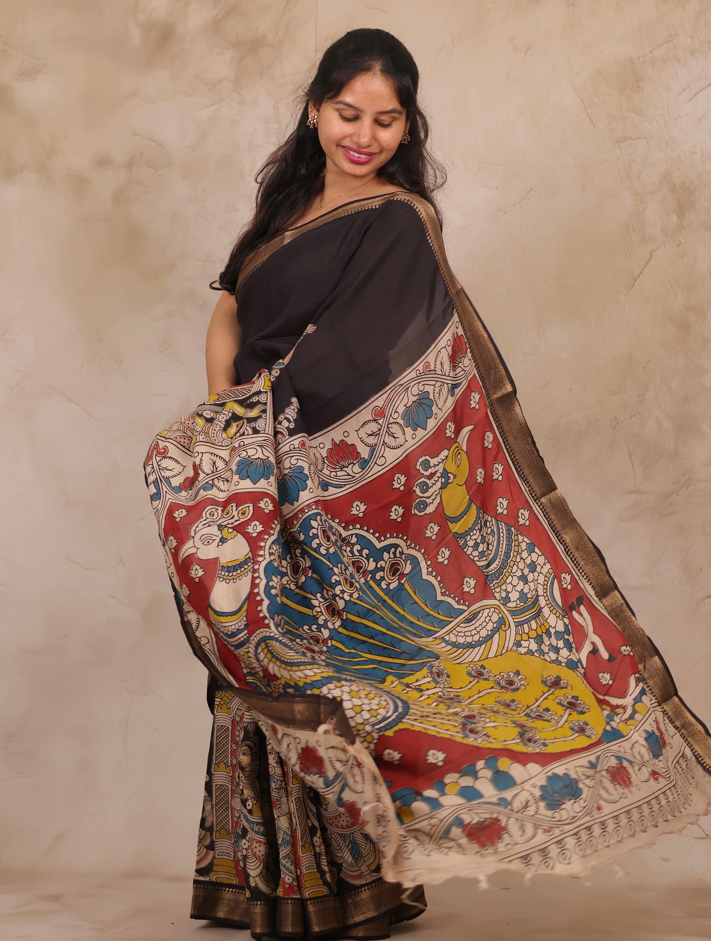 Black Story Telling Kalamkari Nizam Border Chennur Silk Saree | Looms & Tassels