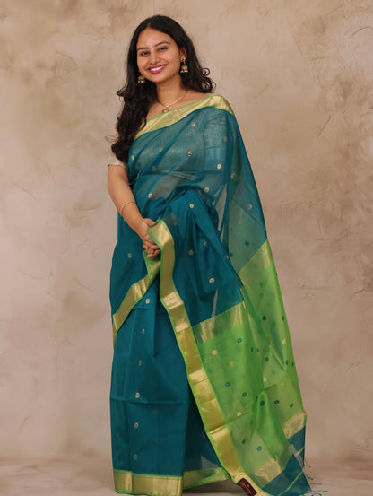 Rama Green Handloom Maheswari Silk Cotton Sarees | Looms & Tassels