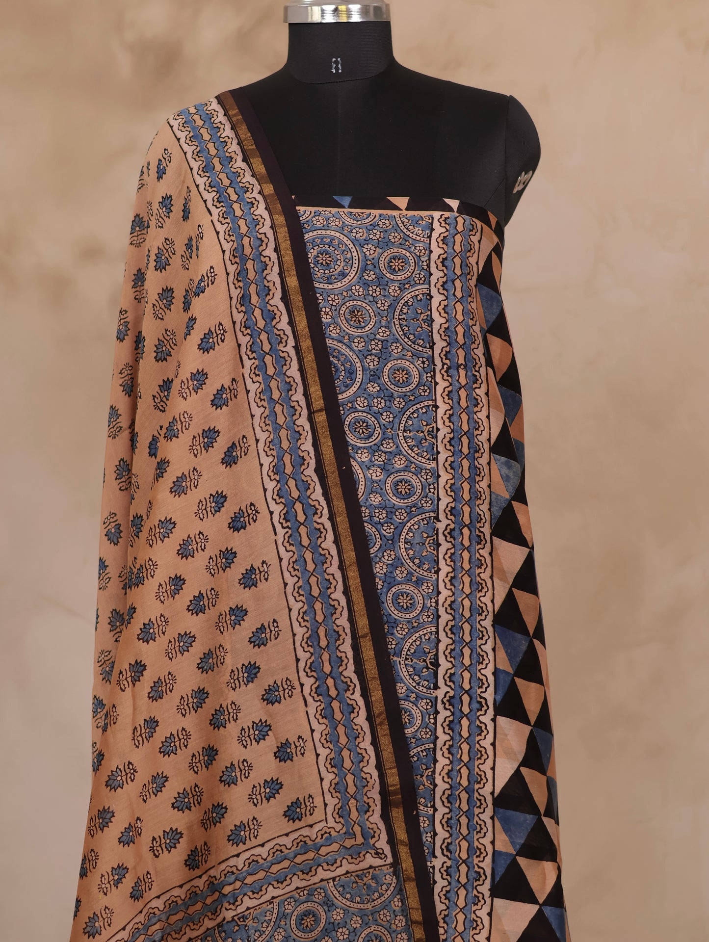 Chanderi Silk Cotton Ajrakh Handblock Printed 2 Piece Suit Set | Looms & Tassels