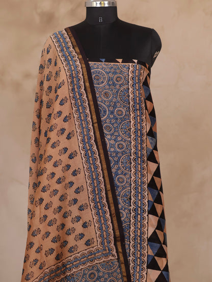 Chanderi Silk Cotton Ajrakh Handblock Printed 2 Piece Suit Set | Looms & Tassels