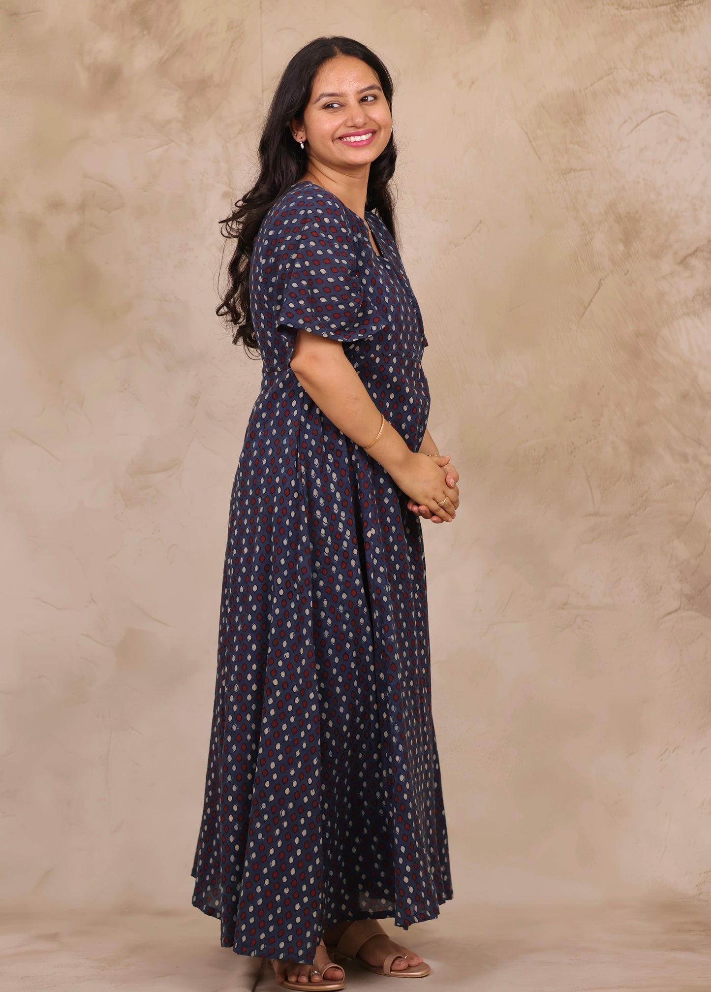 Indigo Blue Hand Block Printed Pure Mul Cotton Maxi Dress | Looms & Tassels