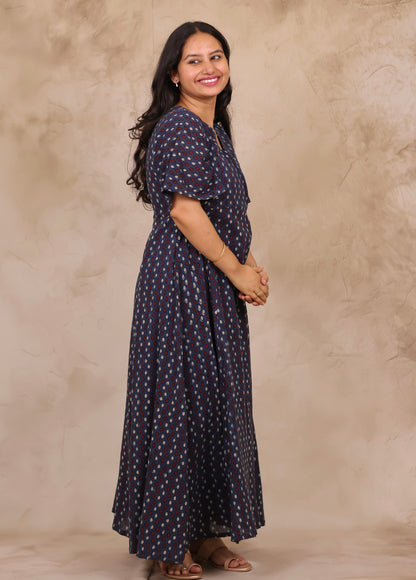 Indigo Blue Hand Block Printed Pure Mul Cotton Maxi Dress | Looms & Tassels