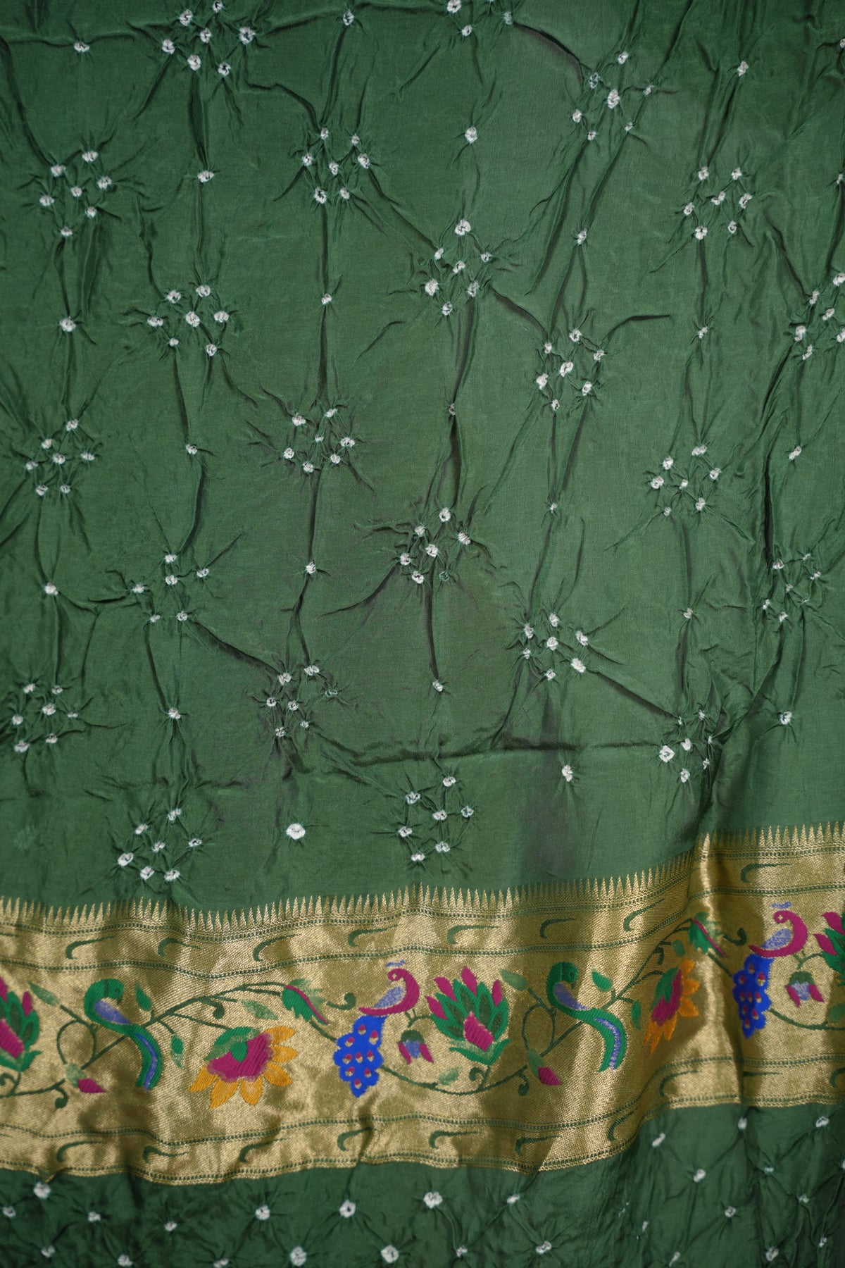 Green Handcrafted Bandhani Paithani Dola Silk Saree | Looms & Tassels