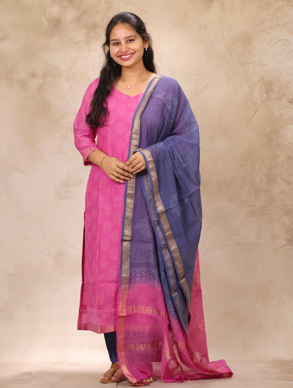Pink & Blue Handblock printed Pure Maheswari Silk 3 piece suit (stitched)