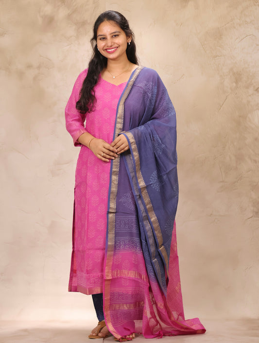 Pink & Blue Handblock printed Pure Maheswari Silk 3 piece suit (stitched)