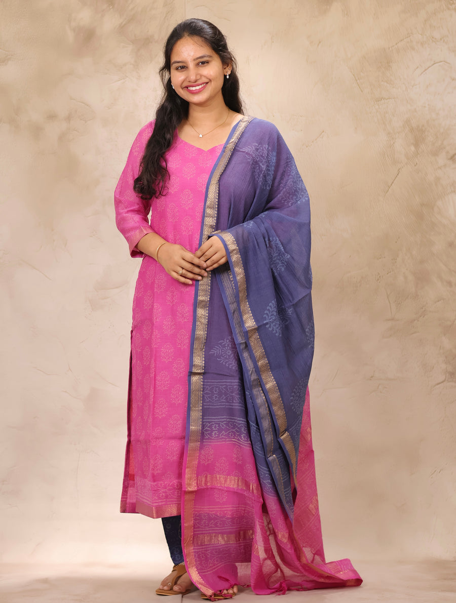 Pink & Blue Handblock printed Pure Maheswari Silk 3 piece suit (stitched)