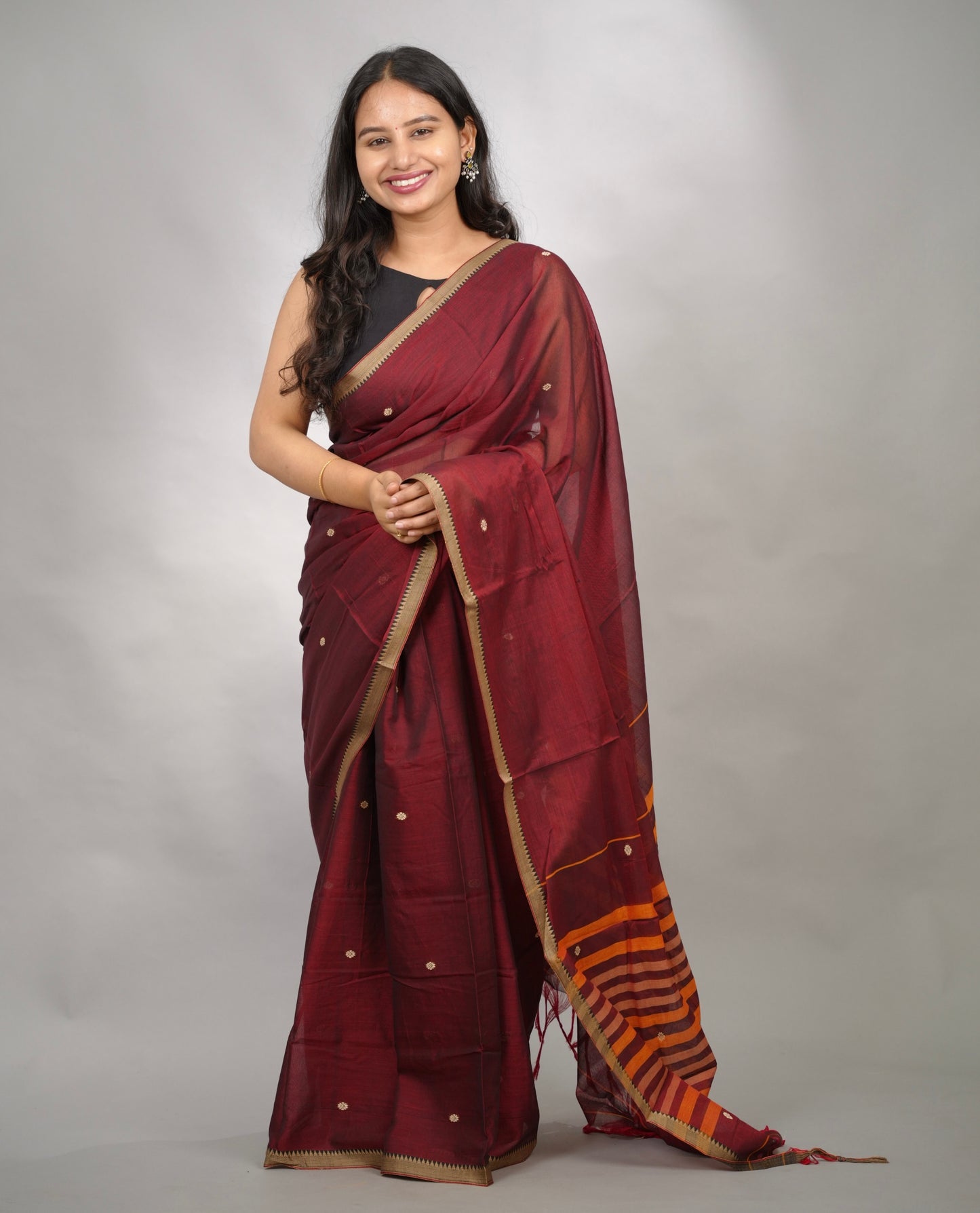 Maroon Narayanpet Cotton Saree With Butta Weaving | Looms & Tassels