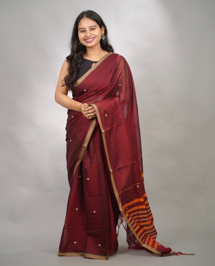 Maroon Narayanpet Cotton Saree With Butta Weaving | Looms & Tassels