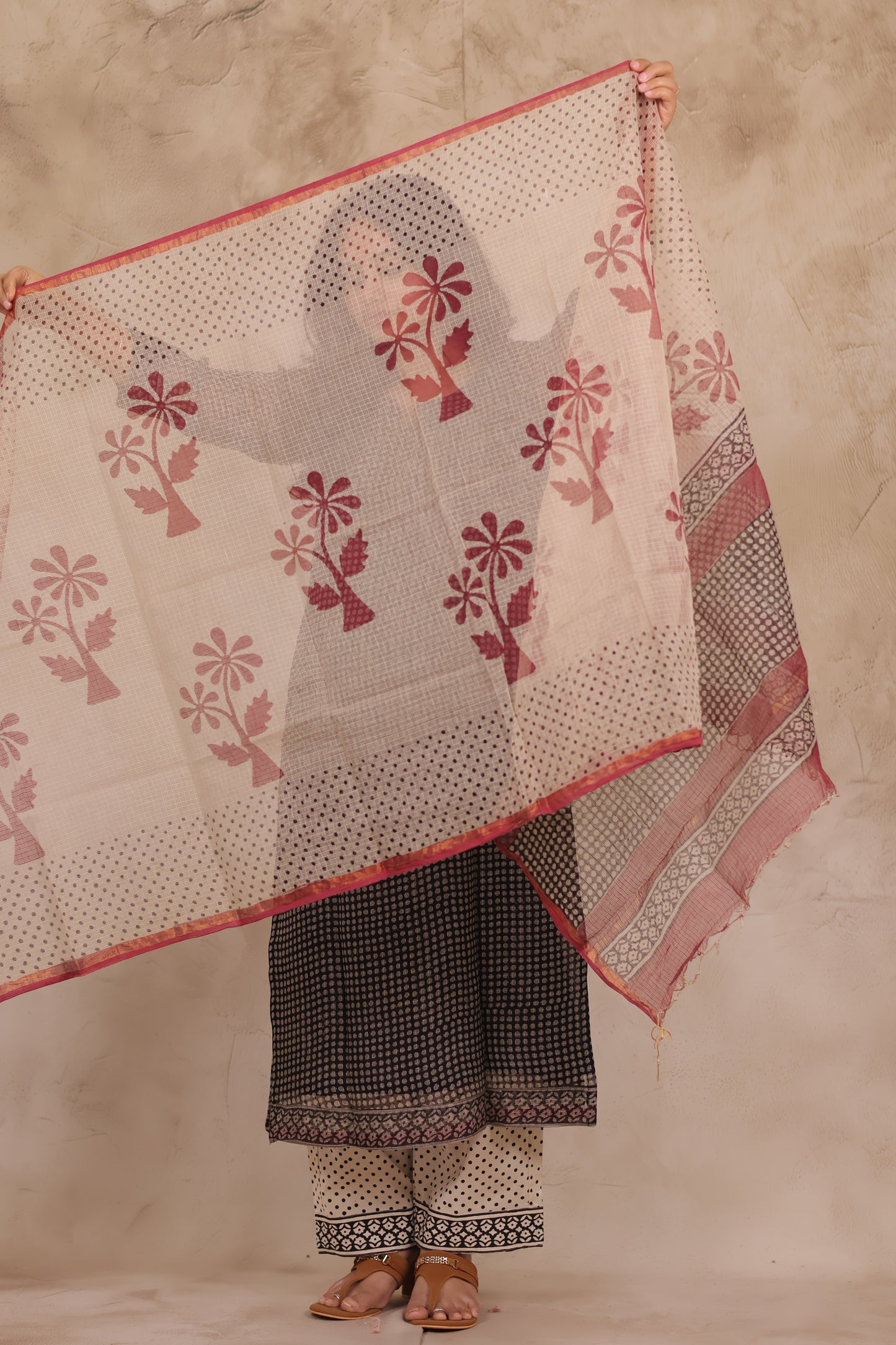 Black Polka Dots Handblock printed kota 3 piece suit (stitched)