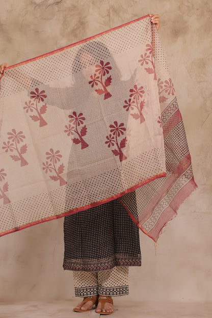 Black Polka Dots Handblock printed kota 3 piece suit (stitched)