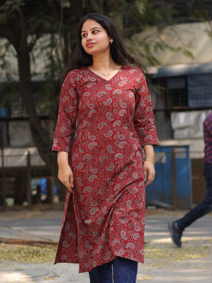 Maroon Ajrakh Hand Block Printed Kurti