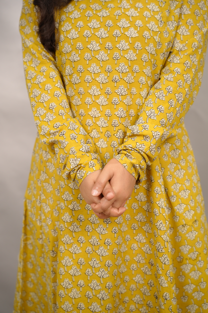 Mustard Pure Mul Cotton Kali Kurta with Chudi Sleeves | Looms & Tassels