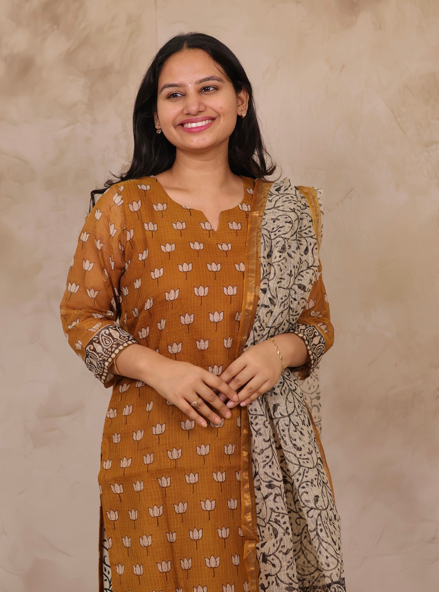Mustard Handblock printed kota 3 piece suit (stitched)