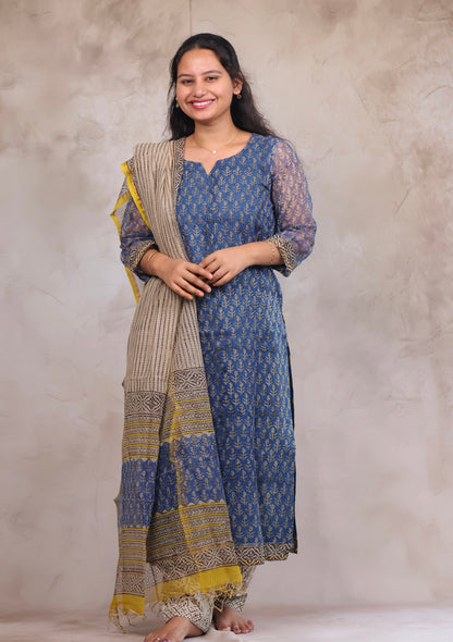 Blue Handblock printed kota 3 piece suit (stitched)
