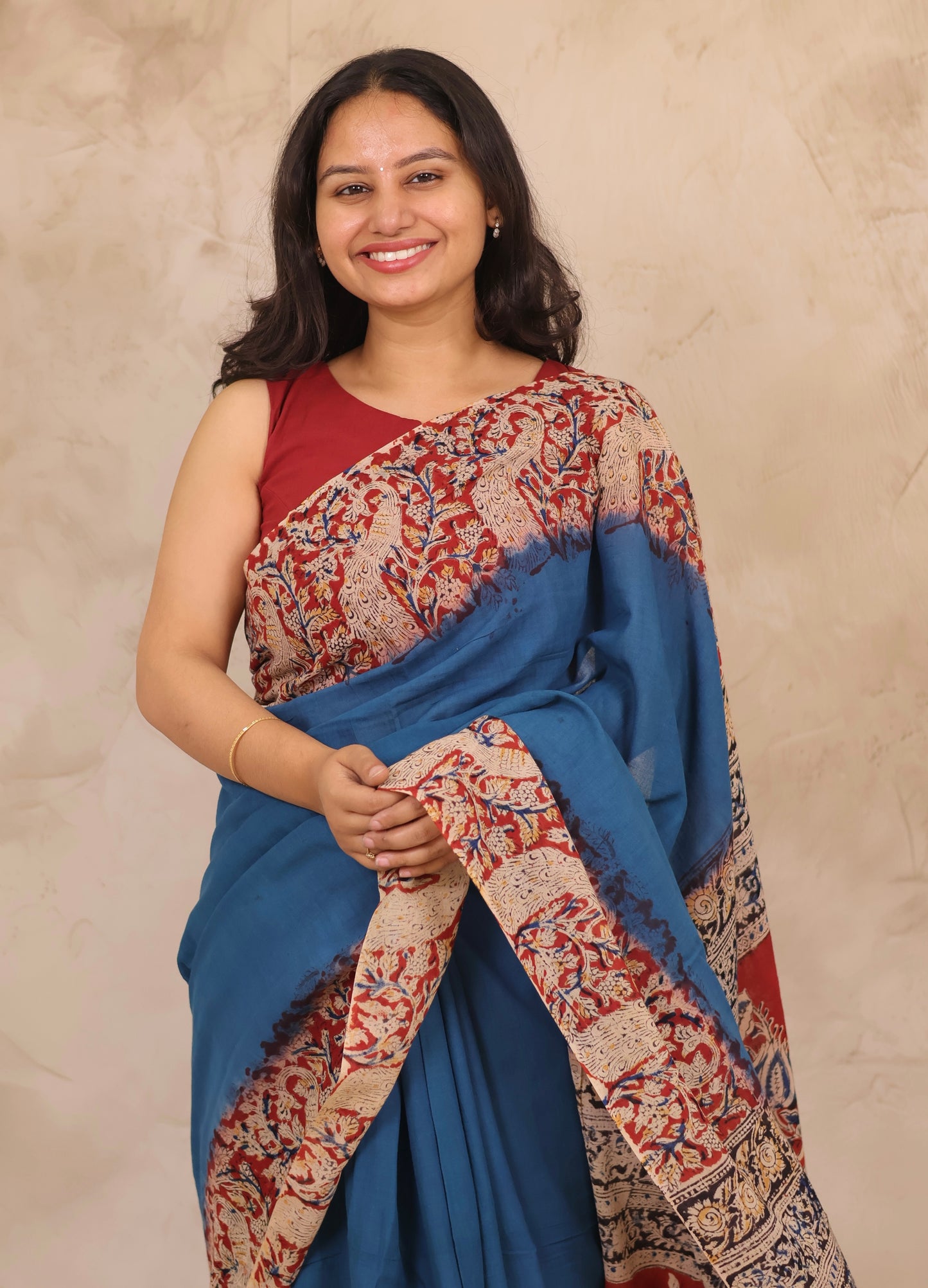 Cyan Blue Hand Block Printed Kalamkari Cotton Saree | Looms & Tassels