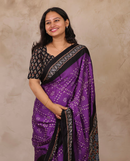 Violet Hand Knotted Bandhej Arakh Modal Silk Saree with Lagdi Pallu | Looms & Tassels