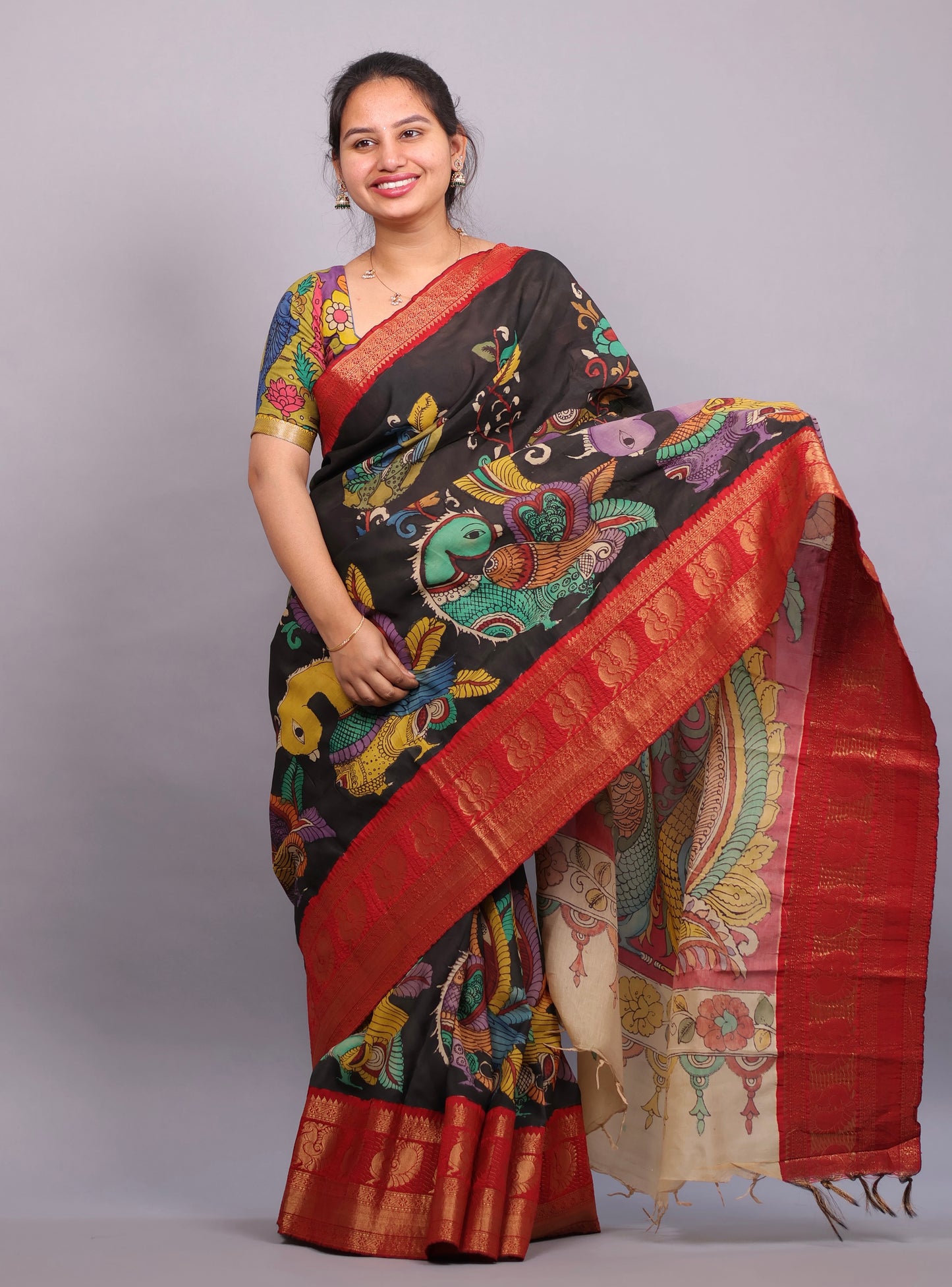 Black Hand Painted Pen Kalamkari Silk Saree