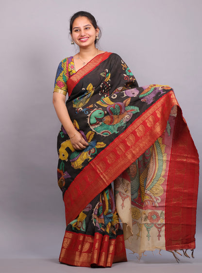 Black Hand Painted Pen Kalamkari Silk Saree